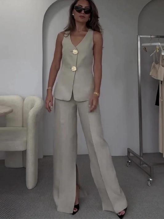 Ensemble deux pièces d'été sans manches avec pantalon large et pantalon large pour le bureau