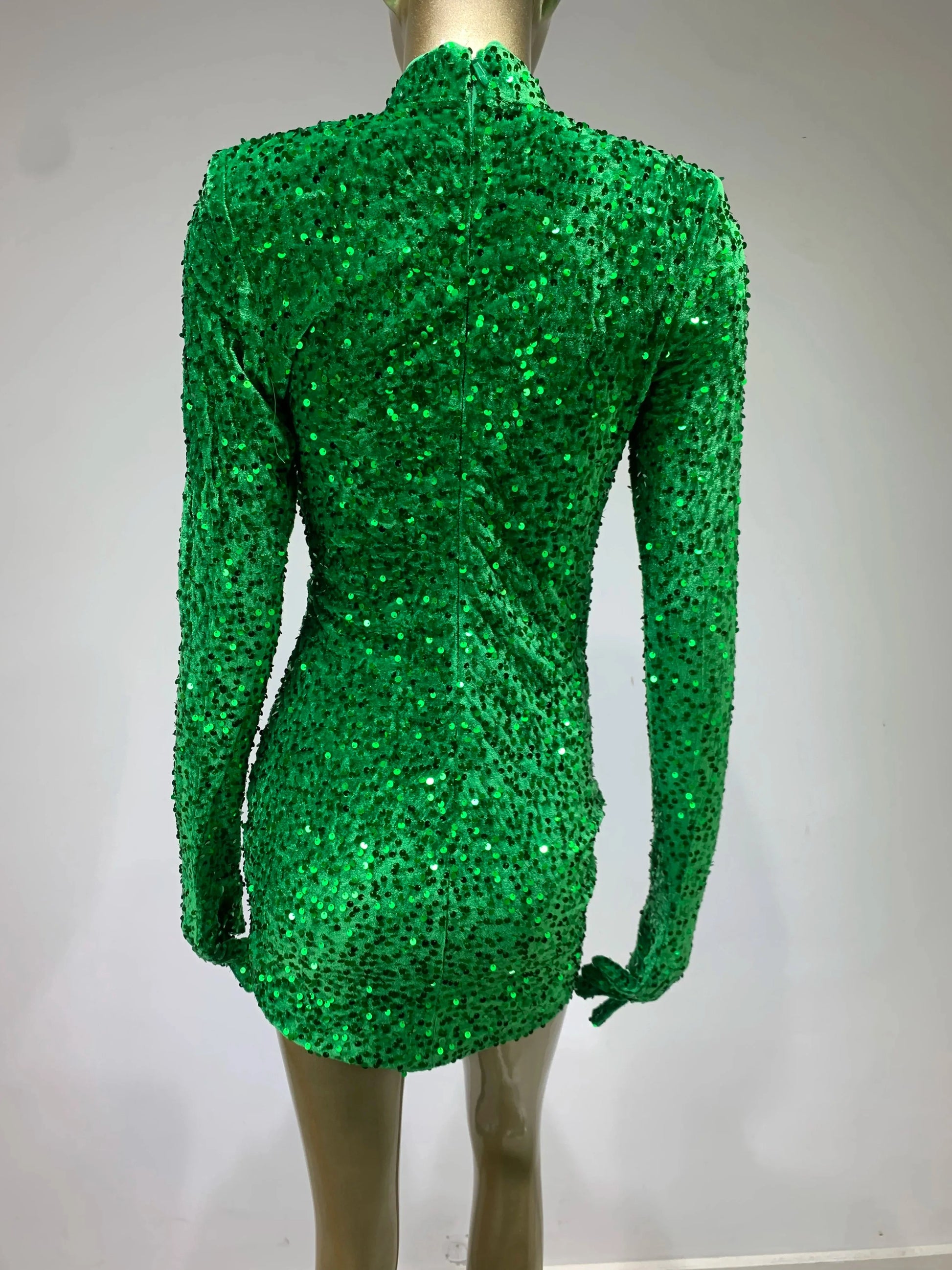 Summer Sexy Turtleneck Long Sleeve Velvet Green Mini Sequins Bodycon Christmas Party Dress Dresses-L