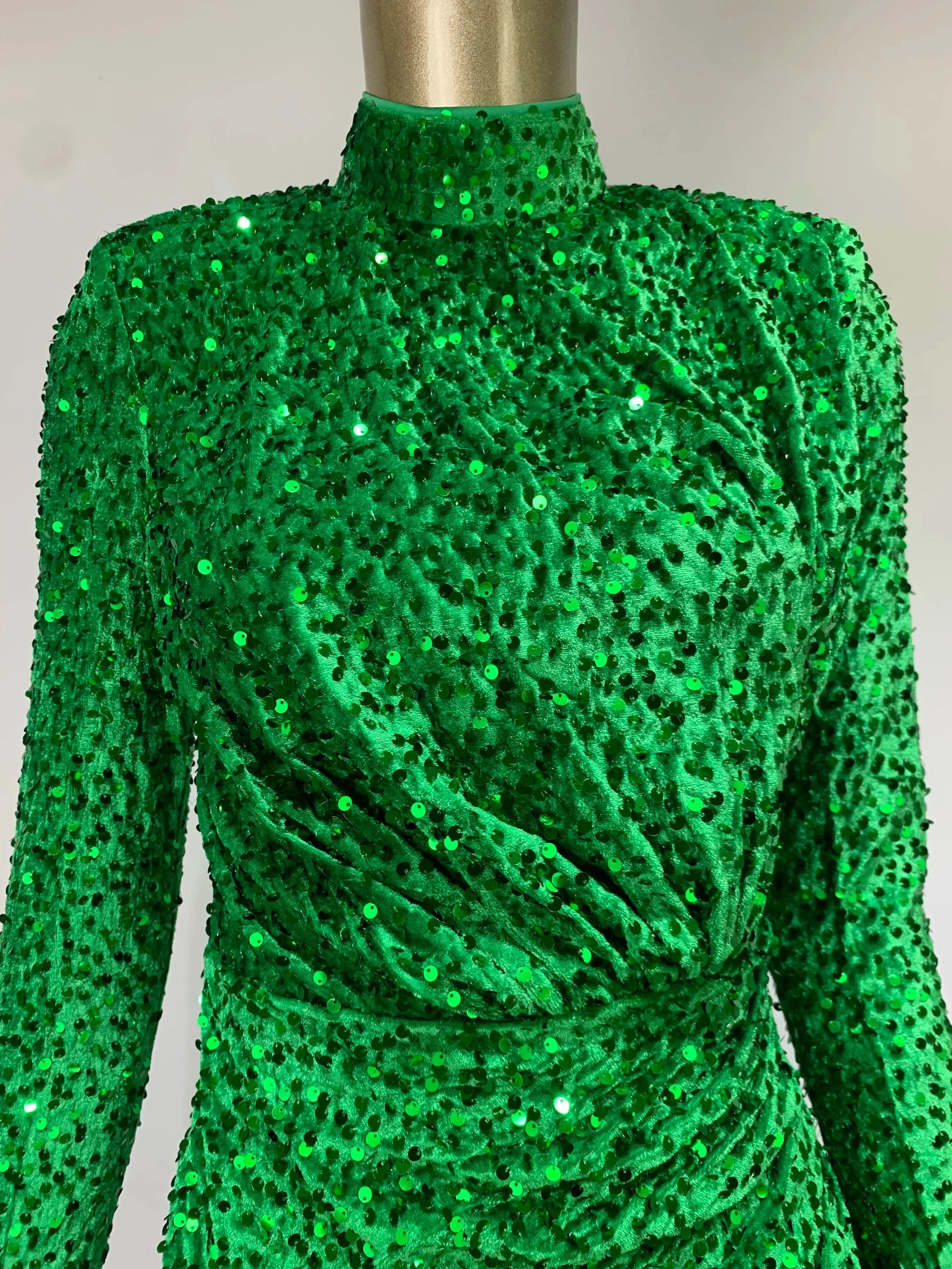 Summer Sexy Turtleneck Long Sleeve Velvet Green Mini Sequins Bodycon Christmas Party Dress Dresses-L