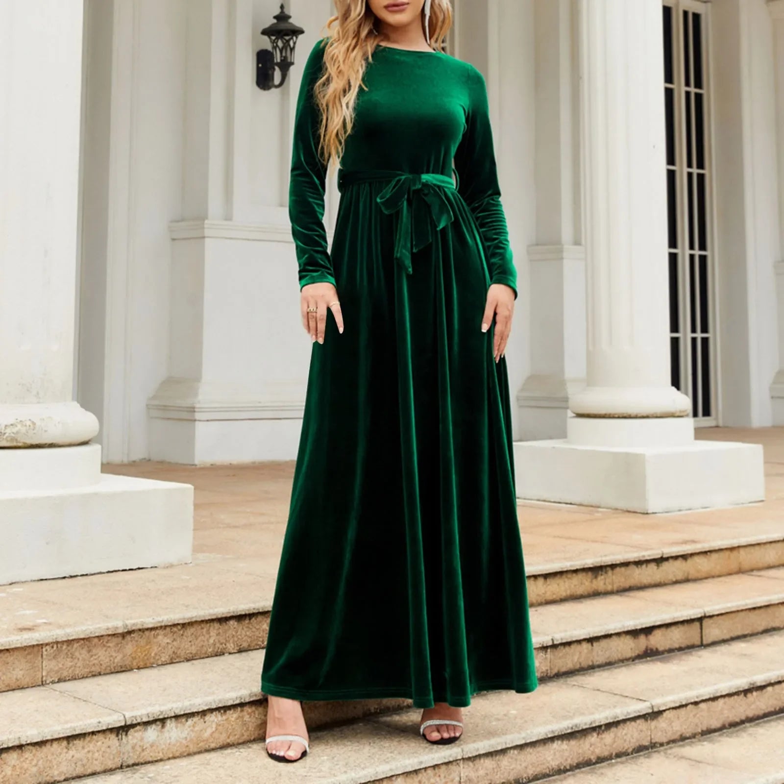 Autumn New Green Velvet Long Dress Elegant Vintage O-Neck Lace-Up Christmas Party / S Dresses-L