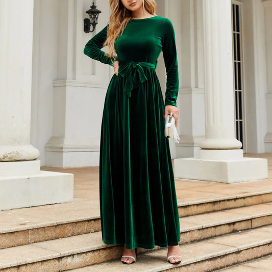 Autumn New Green Velvet Long Dress Elegant Vintage O-Neck Lace-Up Christmas Party Dresses-L