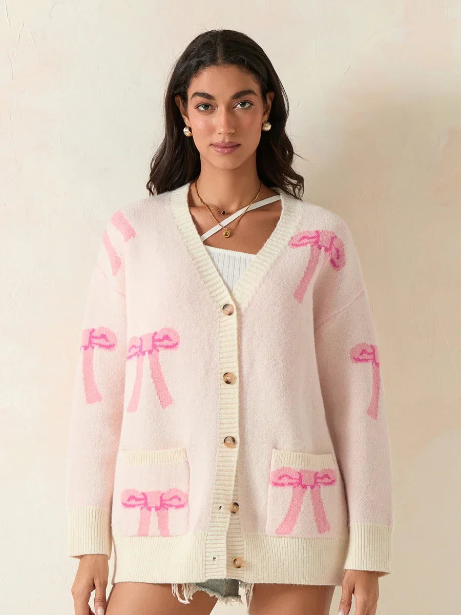 Bow Print Button Cardigan Cardigan-241208