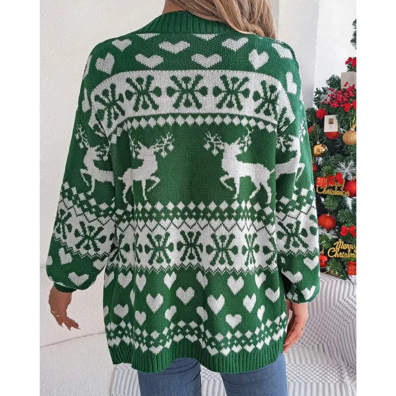 Christmas Deer Pocket Long Sleeve Cardigan Cardigan-241208