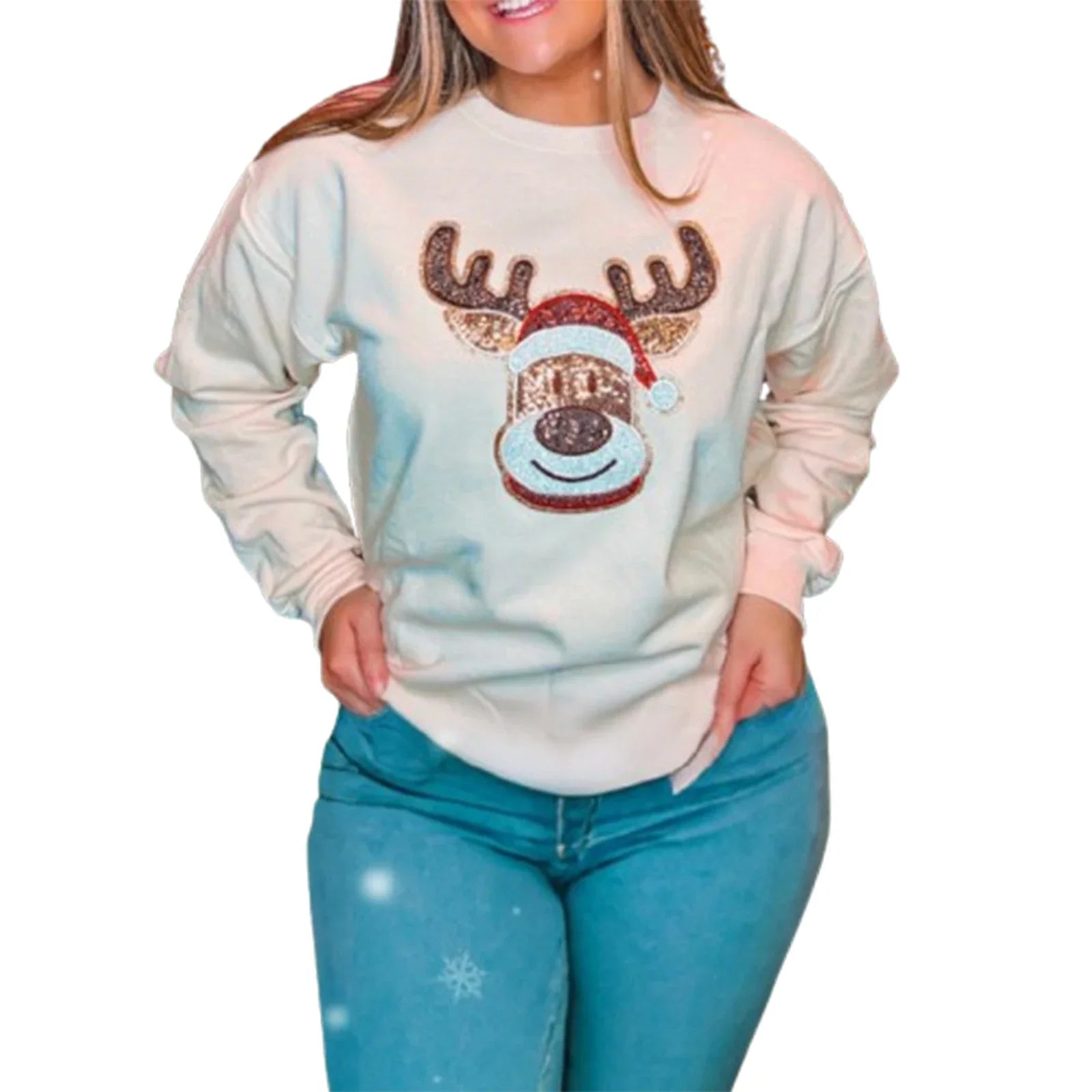 Loose Pullover Snowflake Letter Embroidery Crew Neck Long Sleeve Christmas Hoodie Sky Blue / S
