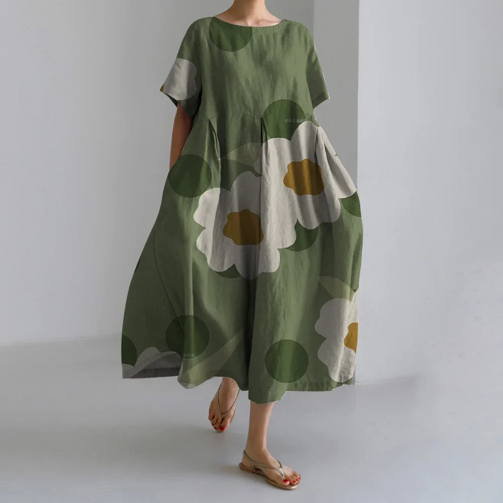 Exquisite 3D Floral Print Short Sleeve Midi Evening Dress green2 / S oldfloraldress-250126
