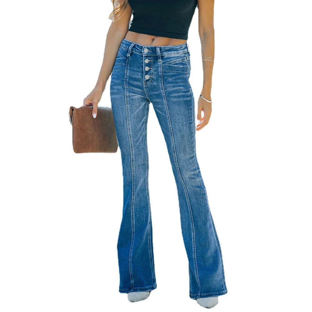 Women’s Flared Patchwork Vintage Fashion Stretch High Waist Casual Slim Streetwear Wide Leg Flare