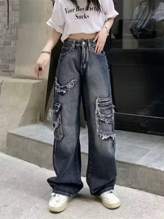 Summer Vintage Washed And Worn Out Versatile Straight Drop High Waist Wide Leg Women’s Jean