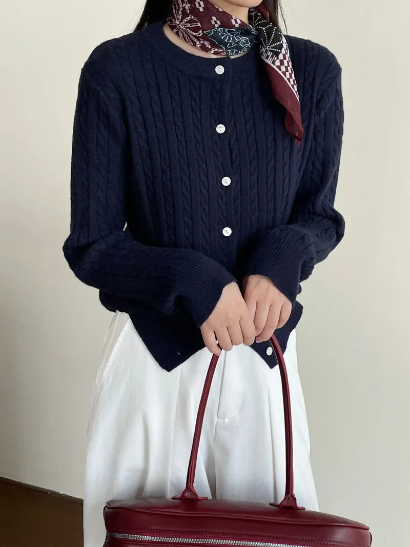 Navy Blue Cable Knit Cartoon Embroidered Trendy Cardigan Christmas Sweater / One Size Sweaters-L