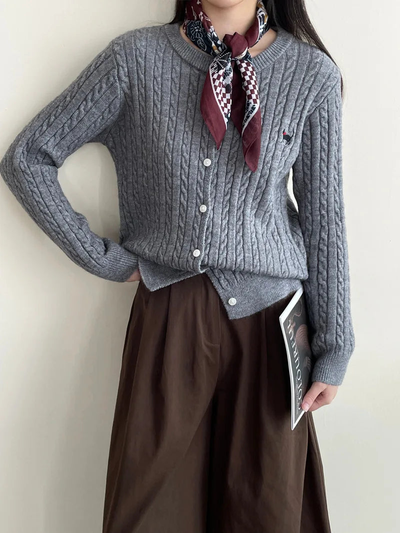 Navy Blue Cable Knit Cartoon Embroidered Trendy Cardigan Christmas Sweater Gray / One Size