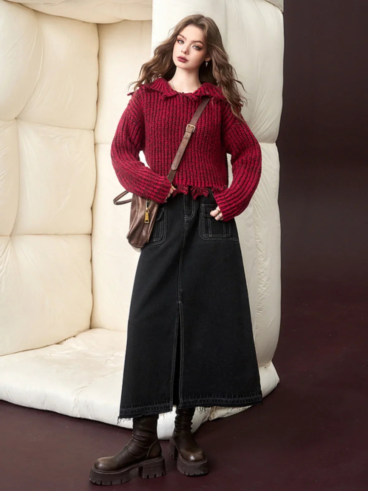 Vintage Harajuku Aesthetic Elegant Long Sleeves Red Pullover Christmas Sweater Sweaters-L