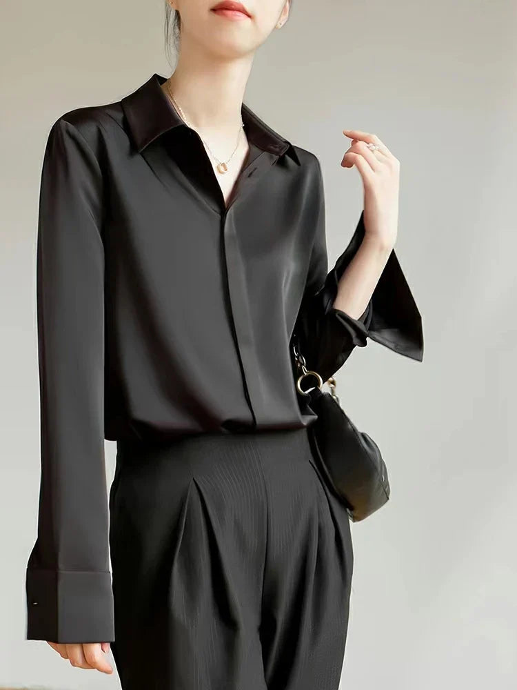 Satin Long Sleeve French Style Office Lady Blouse blouse-250126