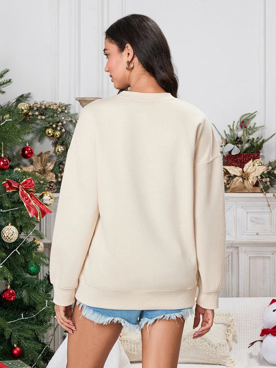 Christmas Deer Print Crew Neck Fall Winter Long Sleeve Casual Hoodie Hoodies-L