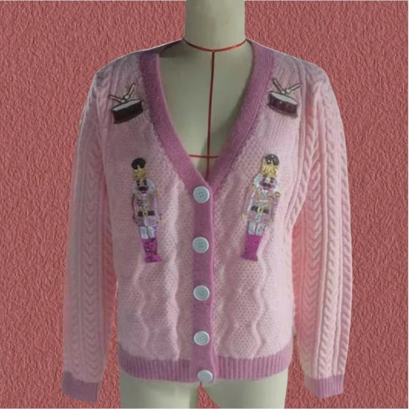 Y2K Sequins V-Neck Single Breasted Cardigan Pink / S Cardigan-241208