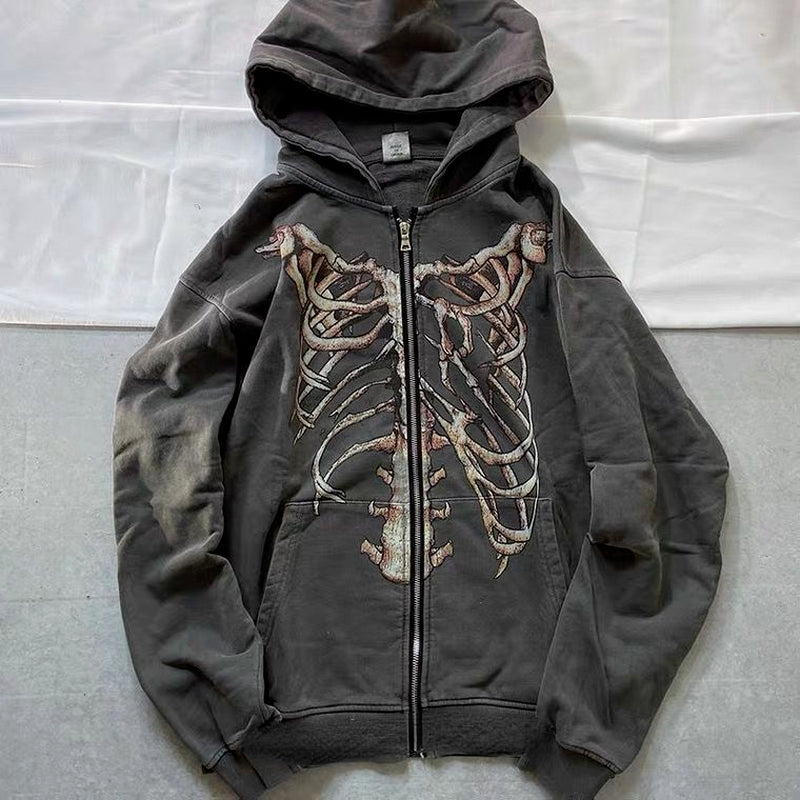Gothic Punk Skeleton Print Hoody Jacket