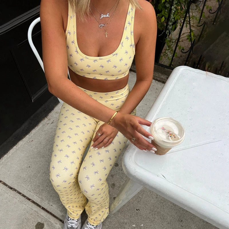 Plaid Bow Print Crop Tank High Waist Slim Leggings Two Pieces Set yellow / S twopiecesset-250126