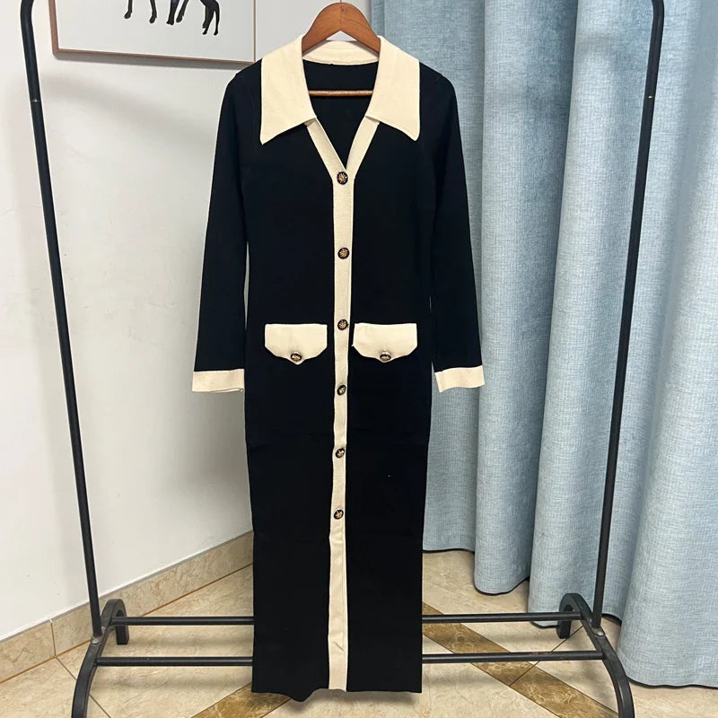 Chic Knitted Turn-Down Collar Red Black Christmas Party Dress / One Size Dresses-L