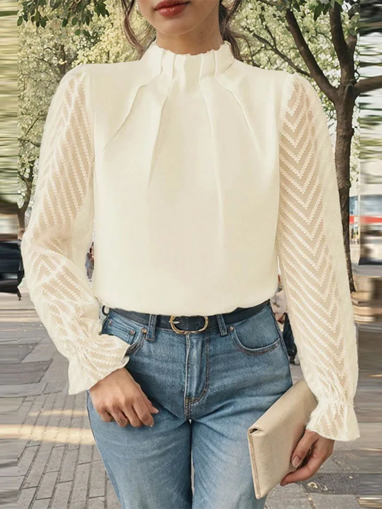 Dot Pleated Mock Neck Long Sleeve Blouse blouse-250126