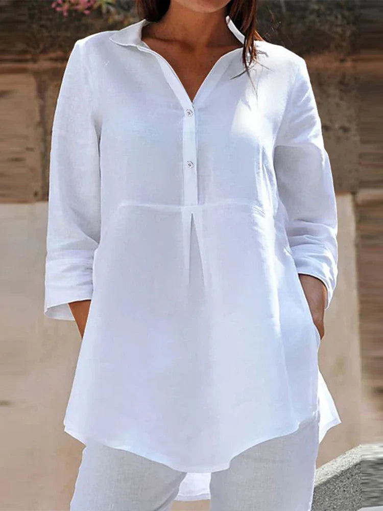 Lapel Neck 3/4 Sleeve Casual Loose Button Blouse WHITE / S blouse-250126