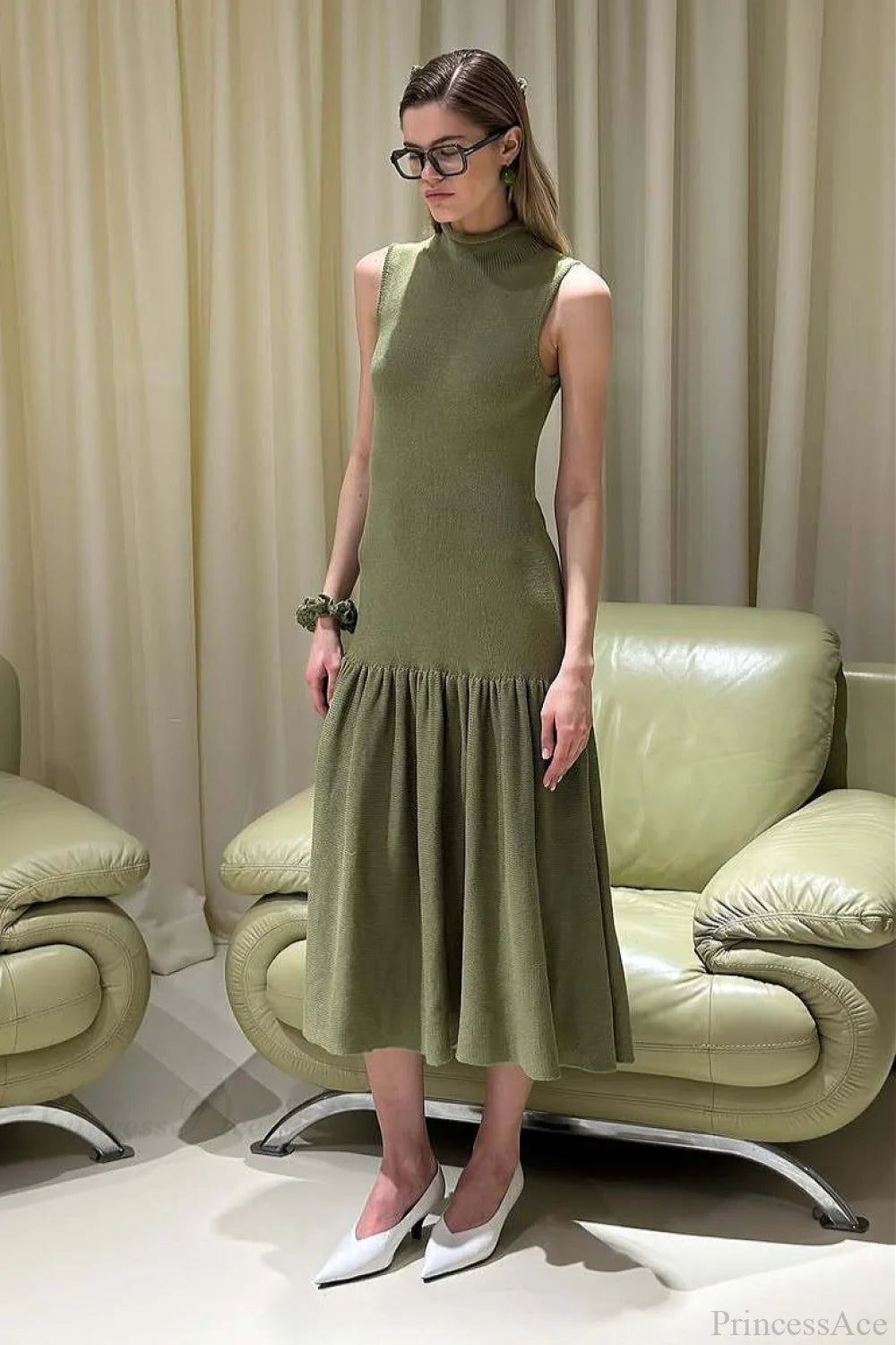A Line Knit Fitted Maxi Dress Green / S