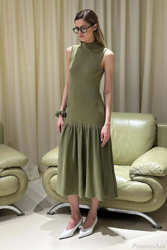 A Line Knit Fitted Maxi Dress Green / S