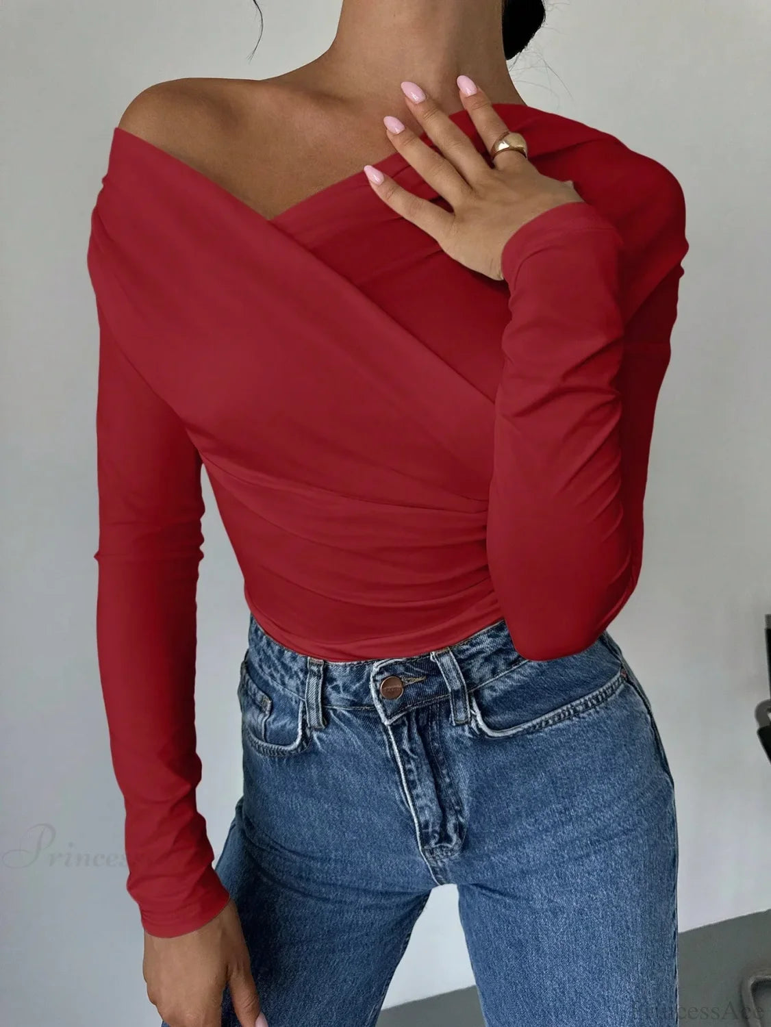 A-line Shoulder Long Sleeve Slim Knitted T-shirt Women red / XS knittop-250126