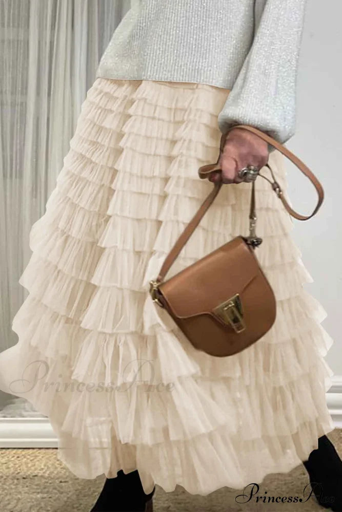 A-Line Tiered Mesh Skirt Beige / L Skirts