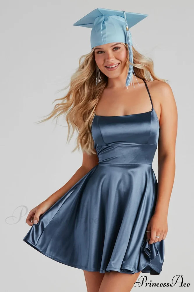 A Moment In Charming Satin Skater Dress Xs / Blue