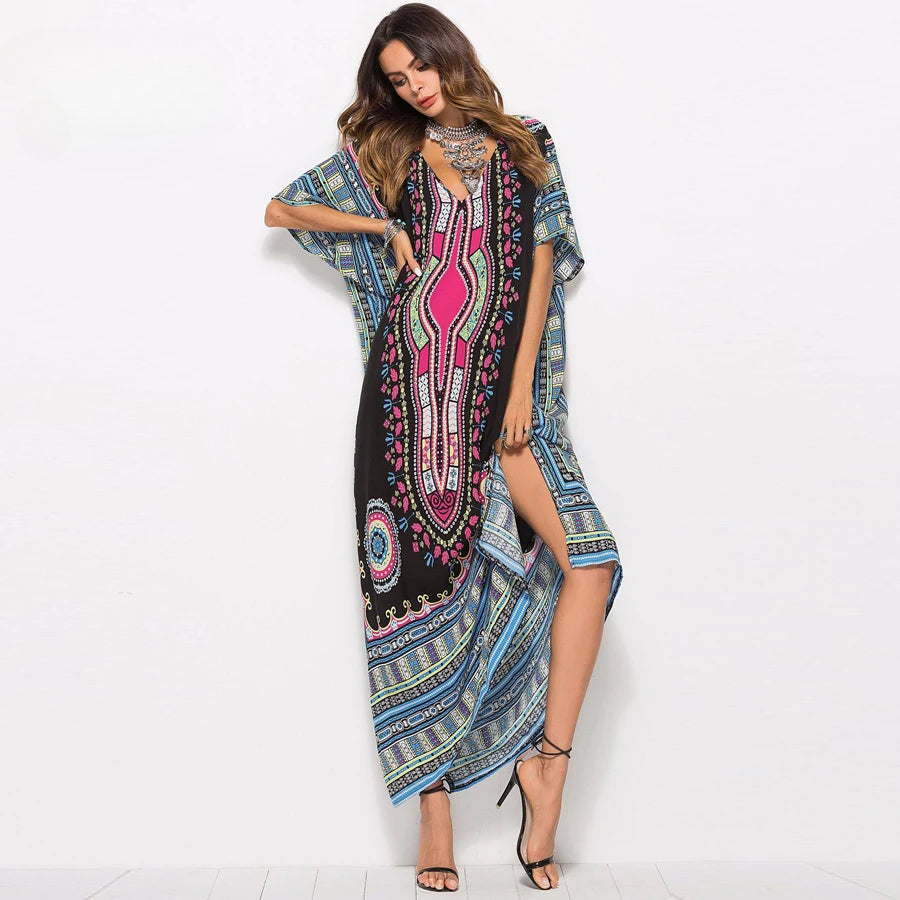 Maxi Kaftan Dress Rayon Ethnic Floral Print Beach Sundress bohodress-250126