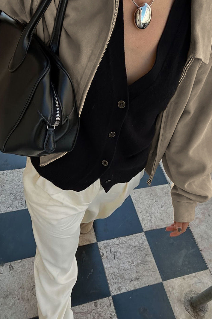 Khaki Suede Collared Oversized Retro Coat