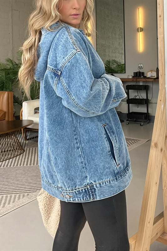Washed Denim Longline Pullover Hoodie
