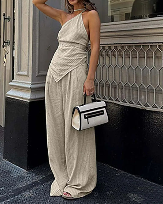 Ensemble deux pièces de bureau avec pantalon à lacets et dos nu imprimé abricot