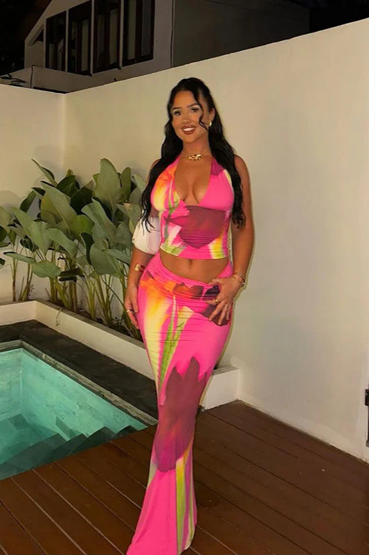 Robe longue moulante imprimée à col licou et haut court