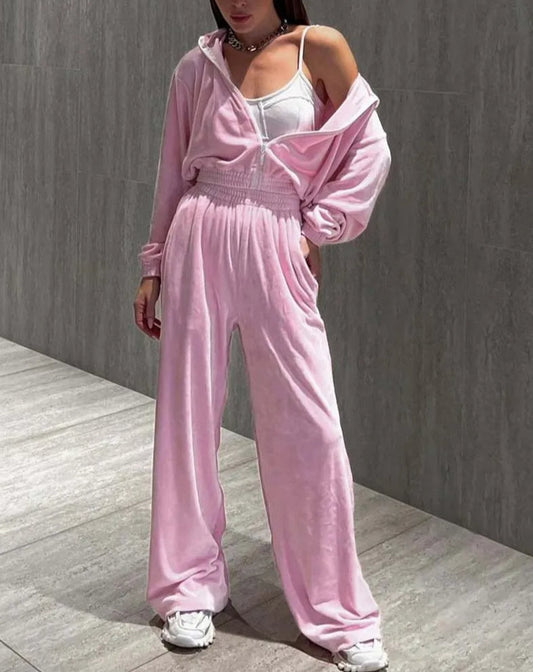 Ensemble deux pièces de bureau avec pantalon droit à fermeture éclair en tricot rose