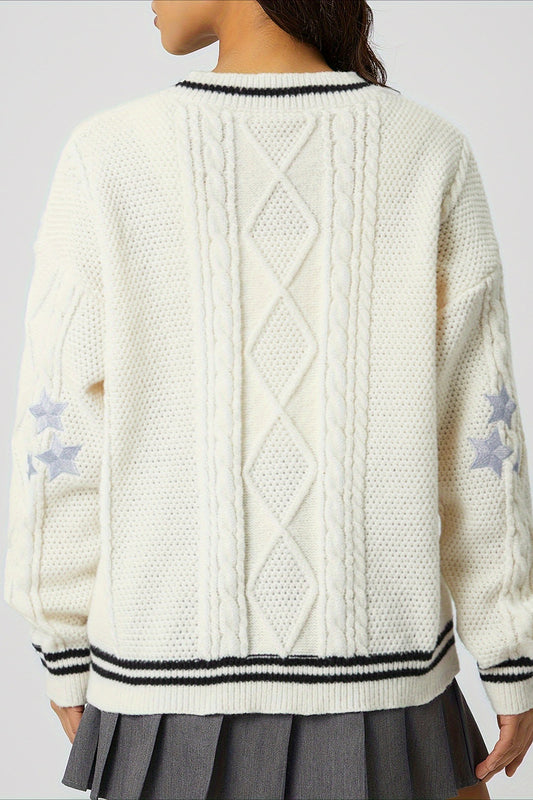 V Neck Star Motif Cable Knit Cardigan