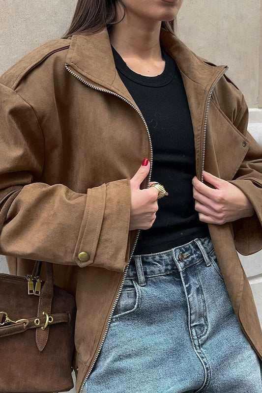 Veste vintage à col en daim kaki