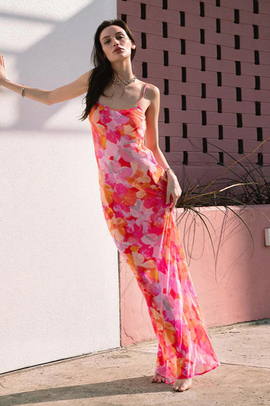 Robe longue moulante à fleurs et col en U, dos nu et licou