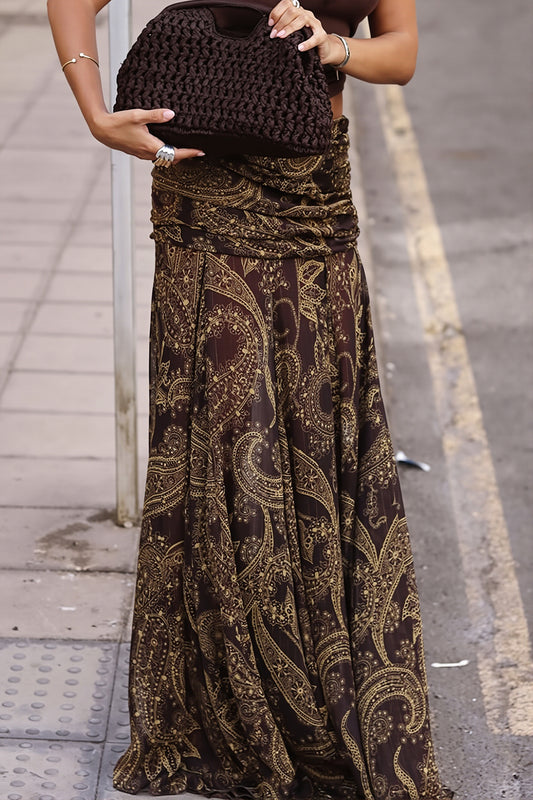 Boho Brown Paisley Print Maxi Skirt