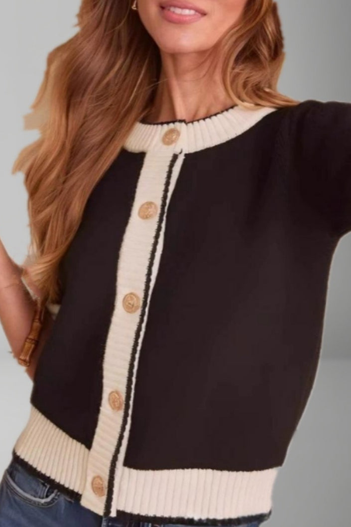 Black White Contrast Slim Cardigan