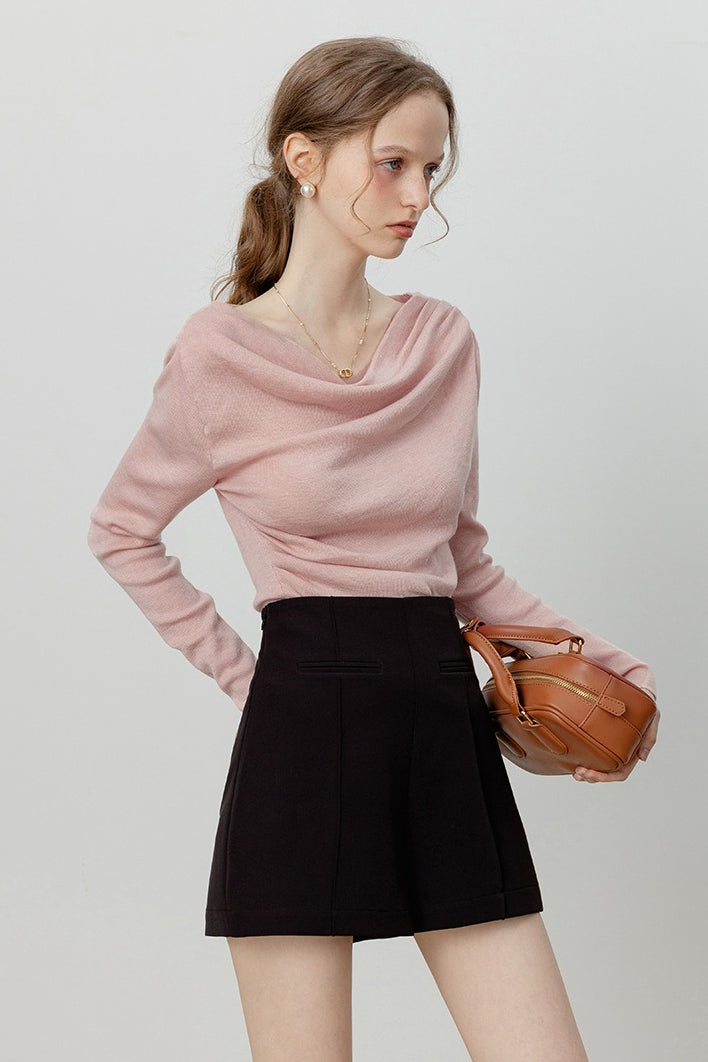 Off-Shoulder Draped Collar Waist-Cinched Knit Top