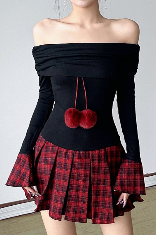 Off-the-shoulder Color Block Plaid Cuffed Pom-pom Mini Dress
