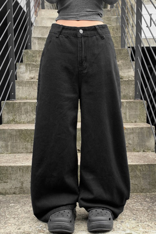 Loose Straight Leg Embroidered Low Waist Jeans Black / S