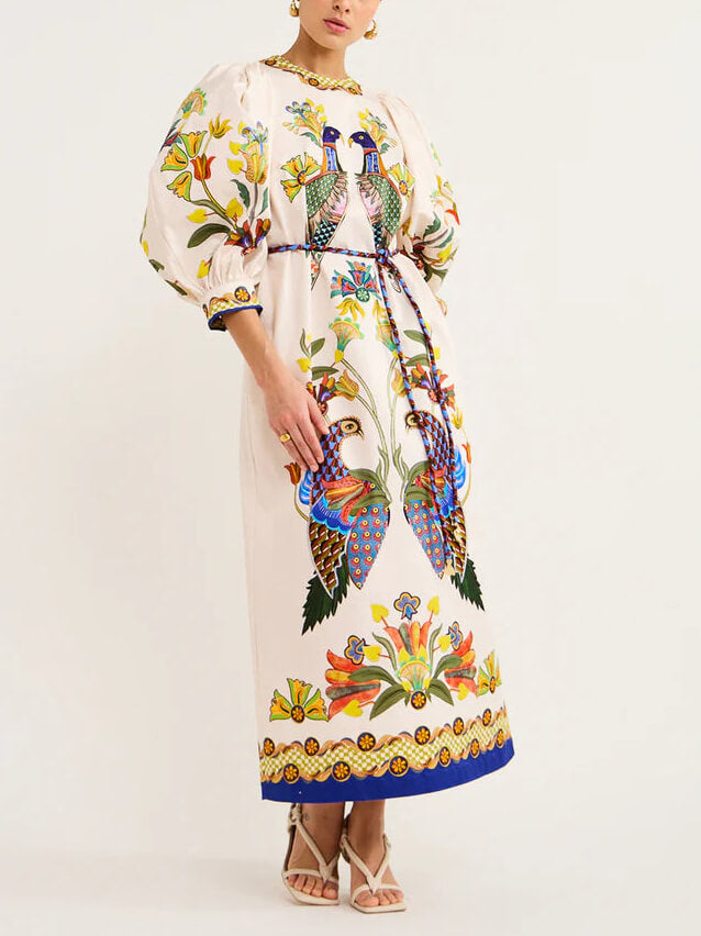 Exquisite And Fun Printed Puff Trendy Sleeves Loose Casual Midi Dress Dresses