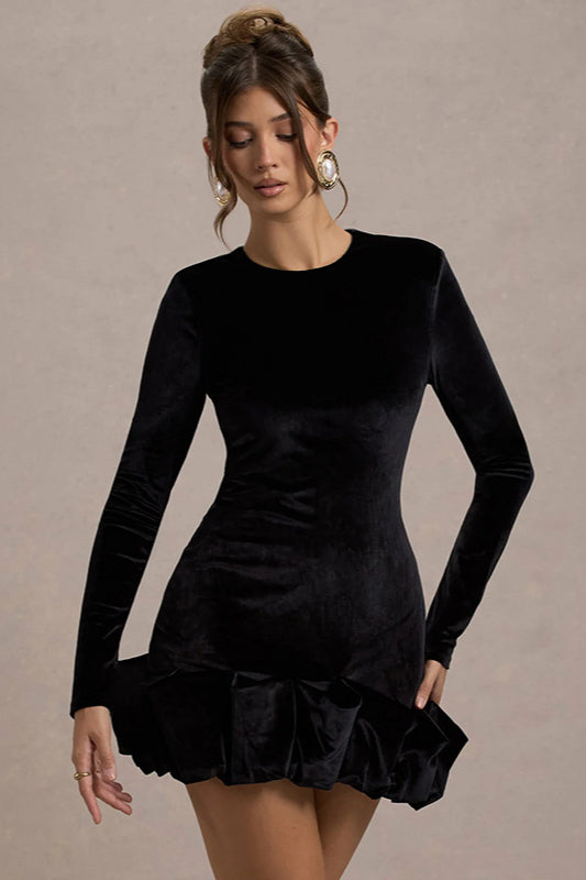 Velvet Pleated Hem Long Sleeve Party Dress