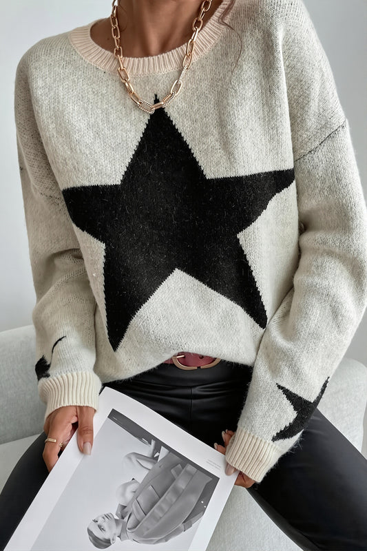 Star Motif Crew Neck Raglan Sweater