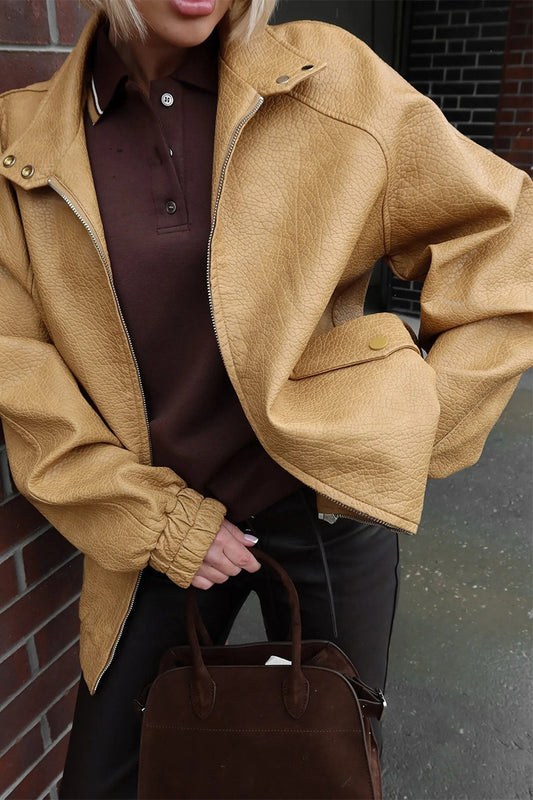 Veste vintage en cuir PU à col montant