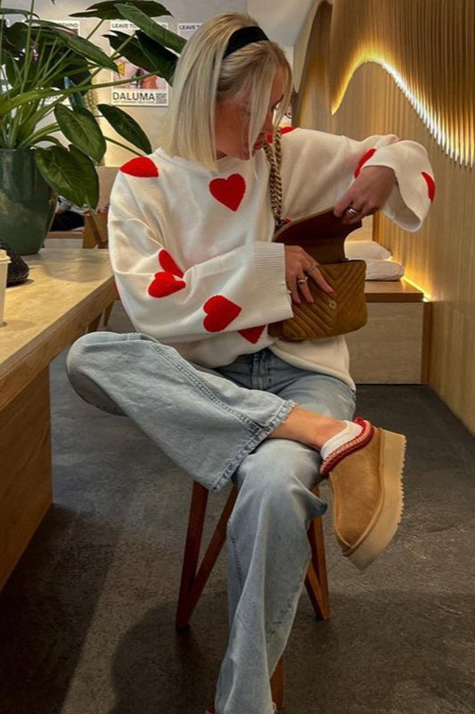 Heart Embroidery Crew Neck Long Sleeve Knit Blouse