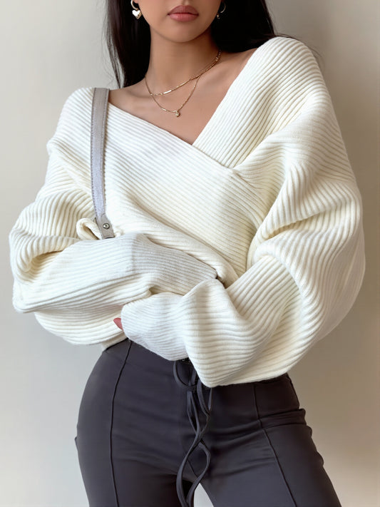 Wrap Front V Neck Relaxed Sweater