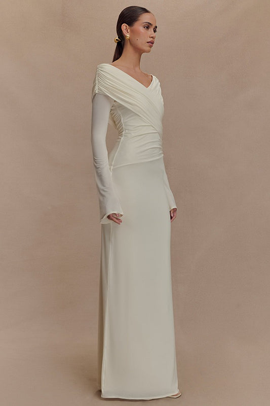 Robe longue bohème froncée à col en V