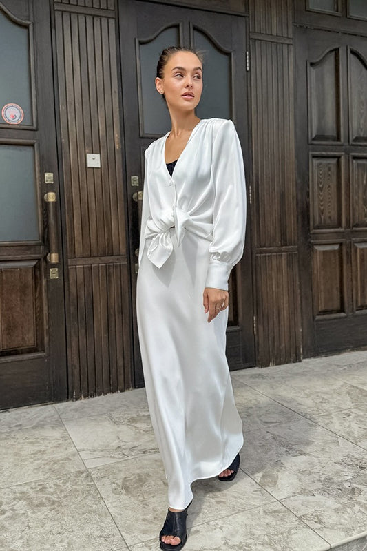 Satin Acetate-like V Neck Tie Long Sleeve Skirt Set