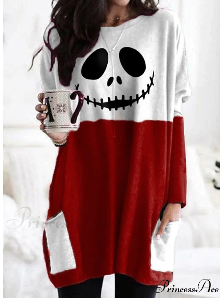 Abstract Women’s Design Black Painting Shirts Round Neck Block White Halloween Long Tunic Plaid